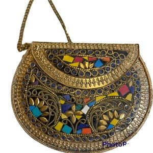 Decor Art International Multi Mosaic Beaded Metal Clutch With Chain Crossbody